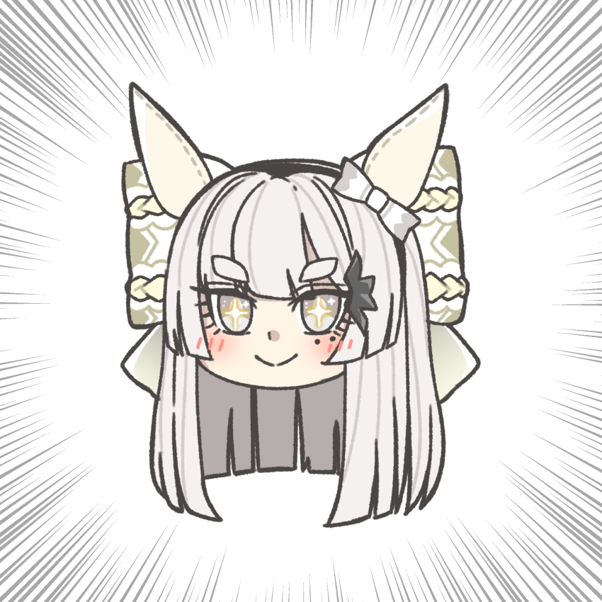 +_+ 1girl animal_ears blush bow ear_bow ear_covers grey_eyes hair_bow head_only highres horse_ears horse_girl kopperion looking_at_viewer mole mole_under_eye original personification simple_background smile sodashi_(racehorse) solo thick_eyebrows umamusume white_background white_bow white_hair