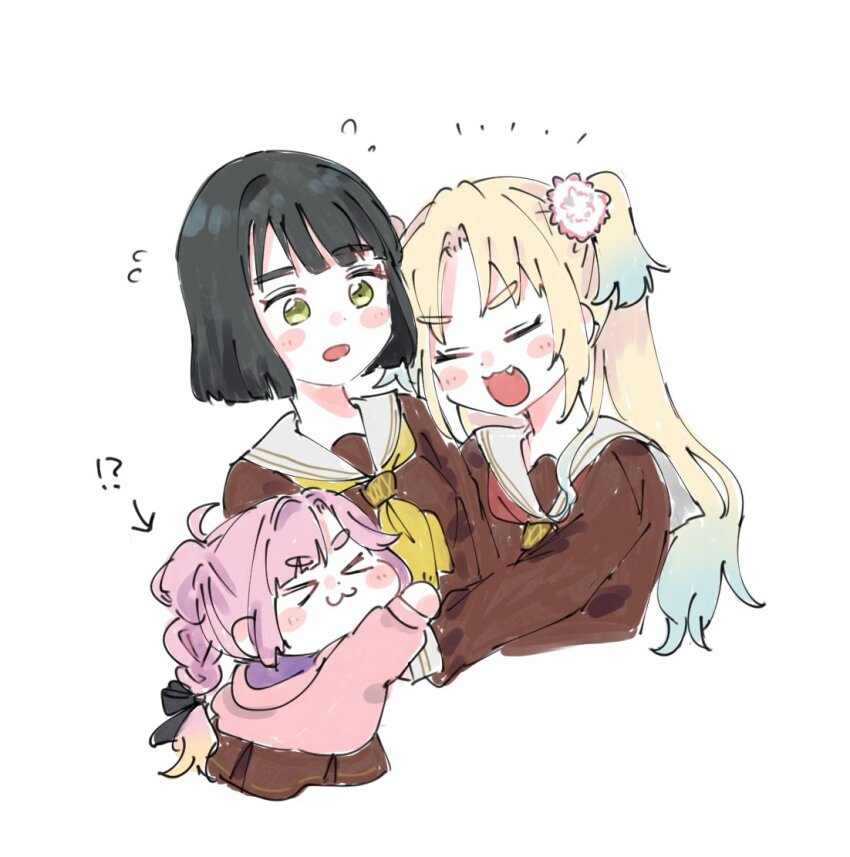 !? &gt;_&lt; 3girls :3 :d :o ahoge anyoji_hime arrow_(symbol) black_hair black_ribbon blonde_hair blue_hair blunt_bangs blunt_ends blush blush_stickers brown_dress chibi cropped_torso dress fang flower flying_sweatdrops gradient_hair green_eyes hair_flower hair_ornament hair_ribbon hasu_no_sora_school_uniform hood hood_down hooded_jacket jacket light_blue_hair link!_like!_love_live! long_hair long_sleeves love_live! medium_dress mini_person minigirl momose_ginko moso_(expect66) multi-tied_hair multicolored_hair multiple_girls neckerchief notice_lines open_mouth osawa_rurino parted_bangs pink_flower pink_hair pink_jacket pleated_dress ponytail red_neckerchief ribbon sailor_collar sailor_dress school_uniform short_eyebrows short_hair sidelocks simple_background smile swept_bangs thick_eyebrows twintails v-shaped_eyebrows virtual_youtuber white_background white_sailor_collar winter_uniform x3 yellow_neckerchief