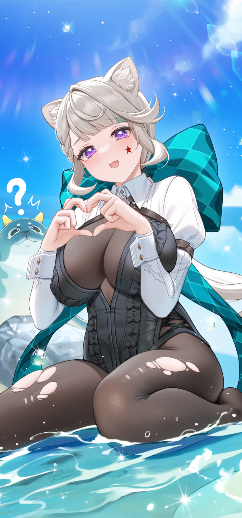 1girl ? absurdres animal animal_ears artist_name black_pantyhose blush bodysuit bow breasts corset facial_mark fukuro_daizi genshin_impact giant_bow grey_hair heart heart_hands highres horns kneeling large_breasts lynette_(genshin_impact) open_mouth pantyhose purple_eyes seal see-through_clothes see-through_bodysuit shirt smile star_tattoo tattoo torn_clothes torn_legwear water white_shirt