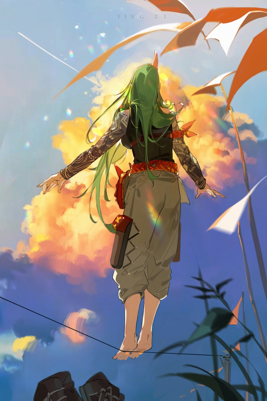 1girl absurdres arknights armband artist_name bare_shoulders barefoot belt belt_bag black_shirt black_shoes blue_sky breasts chinese_commentary cloud commentary_request cross-laced_pants day detached_sleeves footwear_ribbon from_behind full_body green_hair grey_pants grey_ribbon grey_sleeves hair_over_shoulder highres horns hoshiguma_(arknights) hoshiguma_(ronin_huntress)_(arknights) large_breasts leaf lens_flare long_hair long_sleeves official_alternate_costume orange_armband outdoors pants plant pocket power_lines red_bag red_belt shirt shoes shooting_star single_horn sky sleeveless sleeveless_shirt solo standing sweatpants toes unworn_shoes very_long_hair yingzi