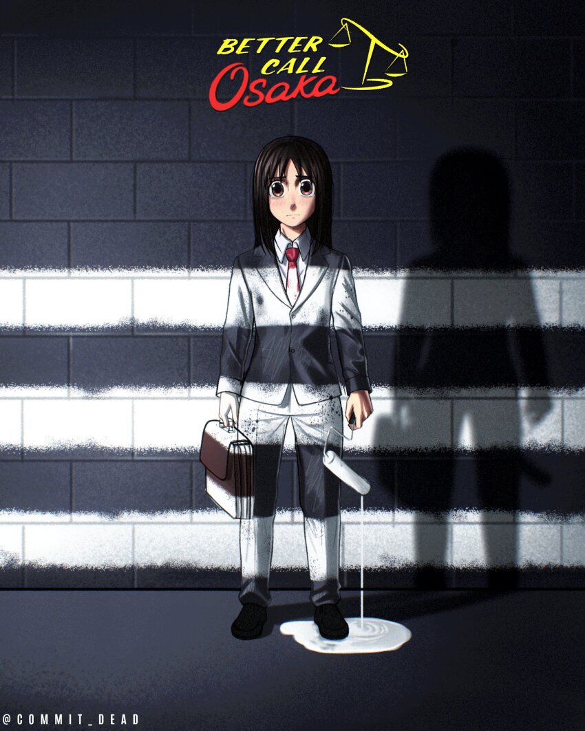 1girl absurdres azumanga_daiou better_call_saul breaking_bad briefcase brown_eyes brown_hair commit_dead formal_clothes highres holding holding_briefcase holding_paint_roller kasuga_ayumu looking_at_viewer medium_hair necktie paint paint_on_clothes paint_on_hands paint_roller parody puddle red_necktie suit twitter_username white_paint