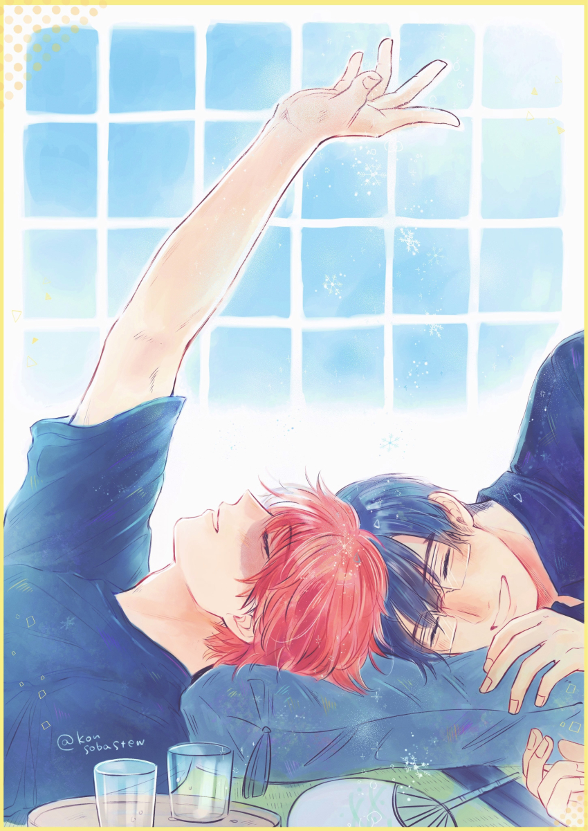 2boys absurdres arm_up blue_hair blue_shirt boku_no_hero_academia cup fingernails glasses grin hand_fan highres iida_tenya konsobastew male_focus multiple_boys paper_fan parted_lips pillow rectangular_eyewear red_hair scar scar_on_face shirt short_hair short_sleeves smile tatami todoroki_shoto tray
