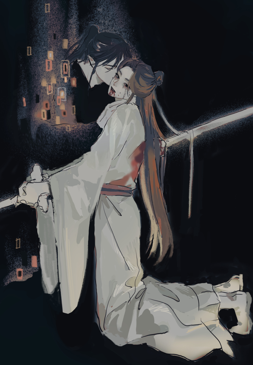 2boys absurdres black_background black_eyes black_hair blood blood_from_mouth blood_on_clothes brown_hair chinese_clothes closed_eyes crying crying_with_eyes_open full_body hair_bun hair_ribbon hand_on_another&#039;s_shoulder hanfu high_ponytail highres holding holding_sword holding_weapon hua_cheng kiss kneeling long_hair long_sleeves multiple_boys open_mouth parody pointy_ears ponytail qn_rkr2 ribbon sash seppuku stab suicide sword tears the_kiss tianguan_cifu weapon white_footwear white_hanfu wide_sleeves xie_lian yaoi zhijupao
