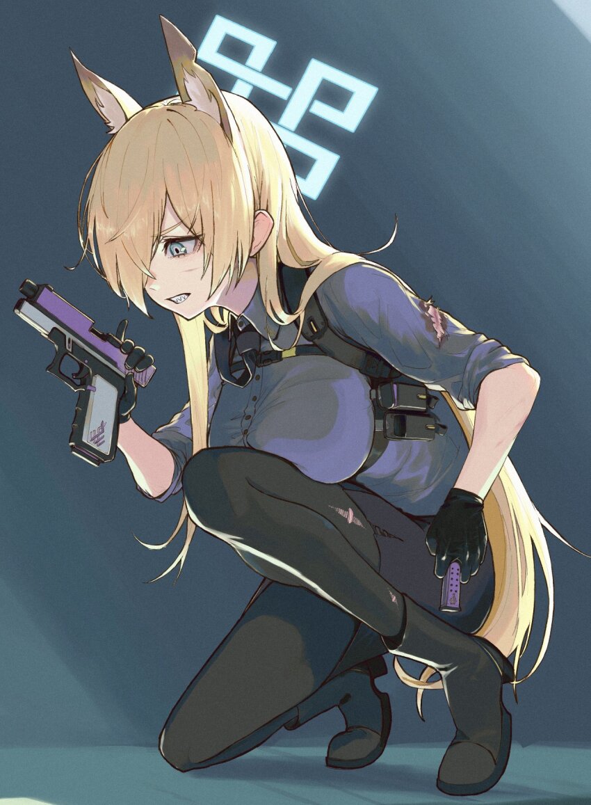 1girl animal_ears black_boots black_gloves black_necktie black_pantyhose black_skirt blonde_hair blue_archive blue_eyes blue_halo blue_shirt boots breasts clenched_teeth collared_shirt full_body glock gloves gun hair_over_one_eye halo handgun highres holding holding_gun holding_magazine_(weapon) holding_weapon injury izumo_(ton_63) kanna_(blue_archive) large_breasts long_hair magazine_(weapon) necktie pantyhose pencil_skirt sharp_teeth shirt short_sleeves skirt solo teeth torn_clothes torn_shirt weapon