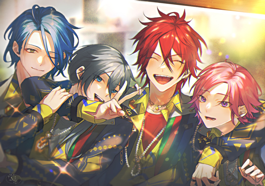 4boys amagi_rinne blue_eyes blue_hair closed_eyes closed_mouth crazy_b_(ensemble_stars!) ensemble_stars! facing_viewer grey_hair himeru_(ensemble_stars!) idol_clothes long_hair looking_at_viewer low_side_ponytail male_focus multiple_boys number_eight_(ensemble_stars!) one_eye_closed open_mouth oukawa_kohaku pink_hair purple_eyes raiseafuture red_hair shiina_niki short_hair smile yellow_eyes