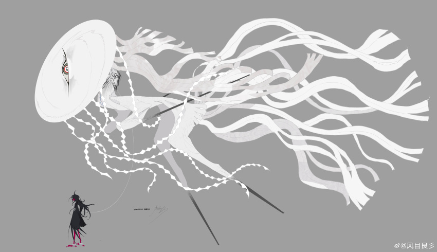 1other absurdres bird_legs black_hair from_side full_body grey_background highres incredibly_absurdres kamikiririp long_hair monster multicolored_eyes one-eyed original other_focus simple_background size_difference standing watermark weibo_watermark white_string