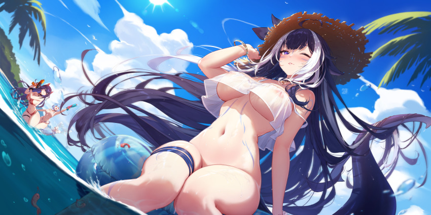 3girls :d :p absurdres akuma_nihmune bao_(vtuber) bikini black_hair blue_hair blue_innertube blue_sky blush bottomless bracelet breasts brown_hat cetacean_tail cleavage cloud day demon_girl demon_horns fins fish_tail floating_hair hair_spread_out hat heart heart-shaped_pupils highres holding holding_water_gun horns incredibly_absurdres indie_virtual_youtuber jewelry large_breasts large_variant_set long_hair looking_at_viewer mitsu_(mitsu_art) multicolored_bikini multicolored_hair multiple_girls navel nipples ocean open_mouth orca_girl outdoors partially_submerged purple_hair pussy red_bikini red_eyes see-through_bikini see-through_clothes shylily sky smile straw_hat summer sun swimsuit symbol-shaped_pupils tail thighs tongue tongue_out two-tone_bikini two-tone_hair underboob variant_set very_long_hair virtual_youtuber water water_gun white_bikini white_hair