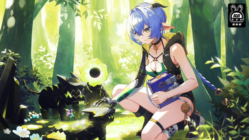 1girl animal_ears bare_shoulders black_boots blue_hair book boots braid breasts cleavage goat_girl goat_horns green_eyes hair_between_eyes highres holding holding_book horns kneehighs long_hair lucia_elowen medium_breasts mole mole_on_arm on_one_knee outdoors pointy_ears second-party_source single_bare_arm single_kneehigh single_sock smile socks solo swkl:d thigh_strap white_socks zenless_zone_zero