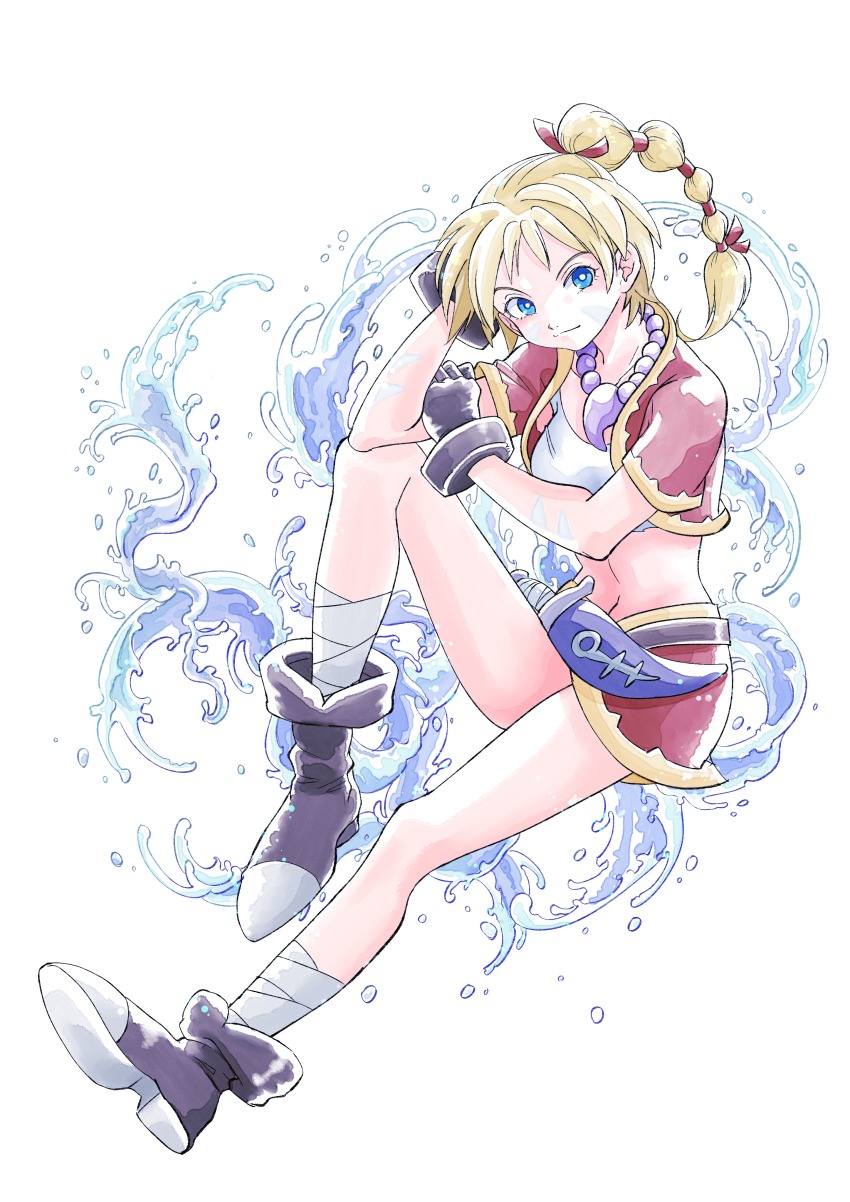 1girl absurdres bandages blonde_hair blue_eyes breasts chrono_cross closed_mouth crop_top damegamega facial_mark full_body gloves high_ponytail highres jewelry kid_(chrono_cross) long_hair looking_at_viewer medium_breasts midriff multi-tied_hair navel necklace ponytail skirt smile solo vest water white_background
