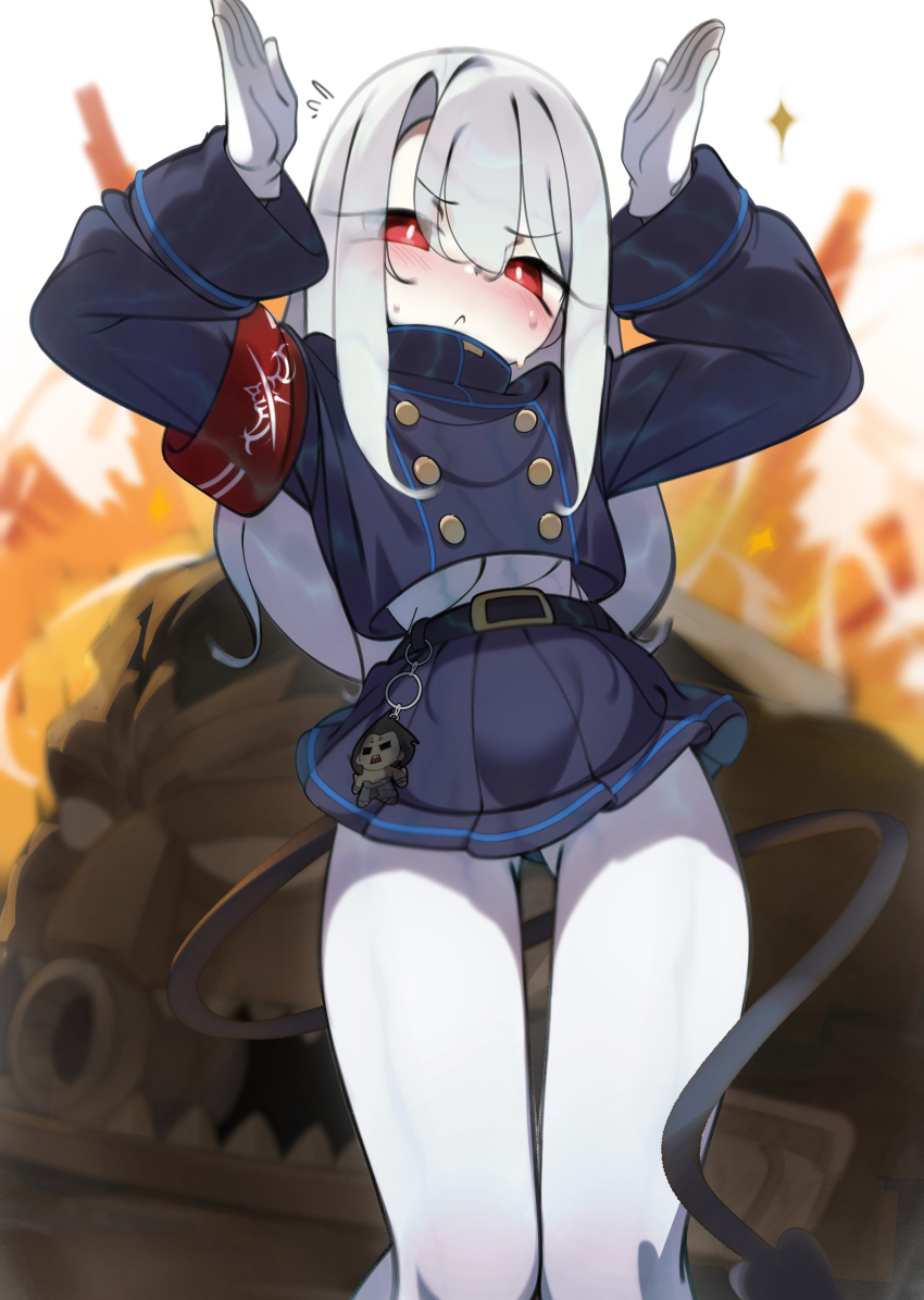 1girl absurdres armband arms_up bersercar black_skirt blue_archive blue_jacket blush breasts buttons carnival_phantasm cosplay cropped_jacket deko_morii demon_tail double-breasted explosion fate/stay_night fate_(series) gloves heracles_(fate) highres hikari_(blue_archive) hikari_(blue_archive)_(cosplay) illyasviel_von_einzbern jacket long_hair long_sleeves looking_at_viewer pantyhose red_eyes sidelocks skirt small_breasts tail thighs white_gloves white_hair white_pantyhose