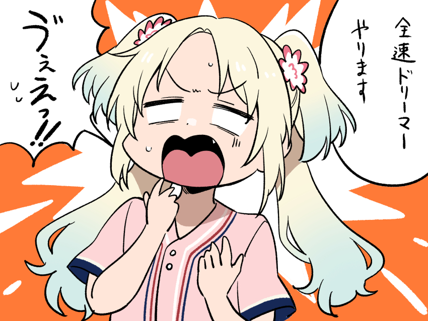 1girl 3: baseball_jersey blank_eyes blonde_hair blue_hair commentary_request fang flower gradient_hair hair_flower hair_ornament hands_up highres jersey kan_kanna koaraya light_blue_hair link!_like!_love_live! long_hair love_live! multicolored_hair open_mouth orange_background osawa_rurino parted_bangs pink_flower pink_shirt shirt short_sleeves solo surprised sweat translation_request twintails upper_body voice_actor_connection white_flower