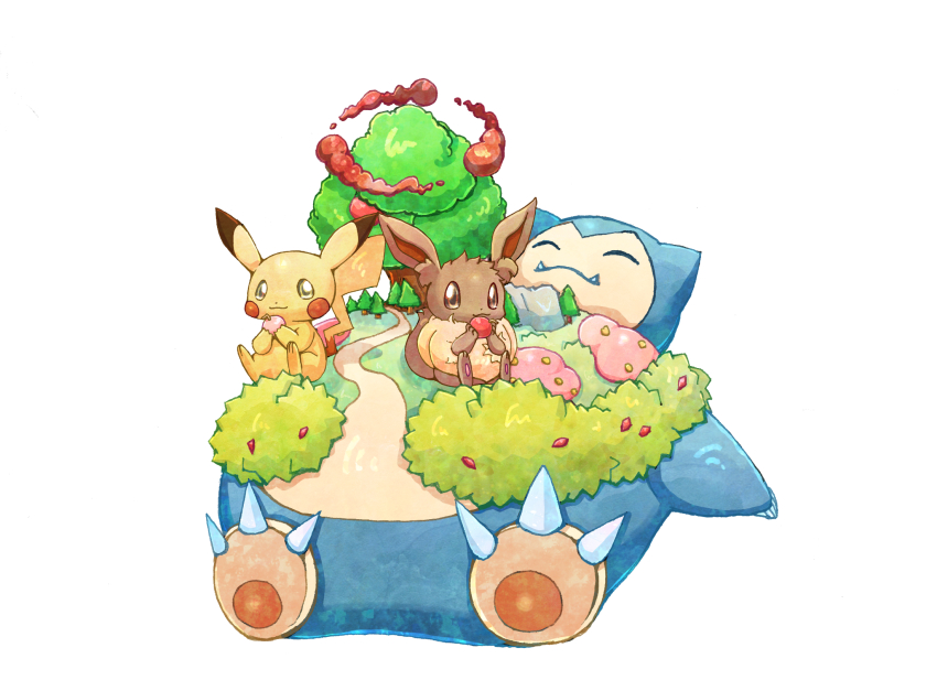bad_id bad_pixiv_id brown_eyes claws closed_eyes closed_mouth commentary_request creature dynamax eevee fangs food fruit gaonyan gen_1_pokemon gigantamax gigantamax_snorlax grass highres holding holding_food holding_fruit looking_at_viewer lying nintendo no_humans on_back pikachu pokemon pokemon_(creature) simple_background sitting snorlax tree white_background