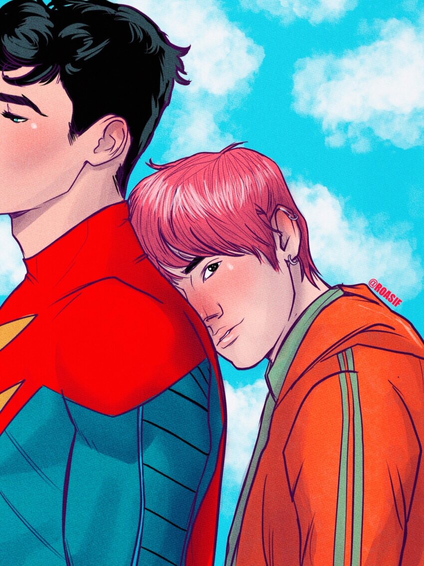 2boys black_hair blue_eyes blush brown_eyes cape cloud commentary dc_comics ear_piercing earrings english_commentary head_on_another&#039;s_back highres hood hood_down hoodie jay_nakamura jewelry jonathan_kent looking_ahead male_focus multiple_boys multiple_earrings orange_hoodie parted_lips piercing pink_hair red_cape ro_asif sideburns sky striped_clothes striped_hoodie superhero_costume superman:_son_of_kal-el superman_(series) twitter_username upper_body yaoi
