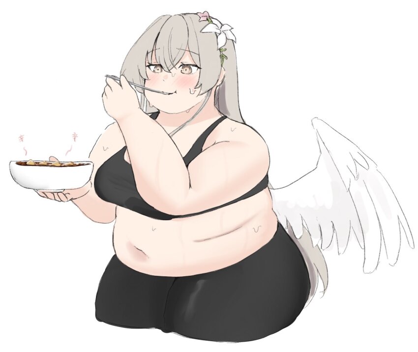1girl 7sufyfhysfsdkn0 angel_wings black_pants black_sports_bra blue_archive blush breasts brown_eyes eating fat fat_woman feathered_wings flower flower_on_head grey_hair highres light_brown_hair mapo_tofu medium_breasts midriff nagisa_(blue_archive) navel pants plump solo spoon sports_bra sweat white_background wings
