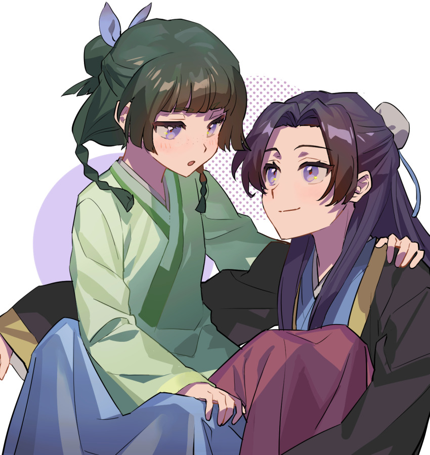 1boy 1girl aoqun arm_around_neck black_robe blue_hanfu blue_ribbon blunt_bangs bow braid bun_cover chinese_clothes chinese_commentary circle closed_mouth commentary_request eye_contact eyelashes feet_out_of_frame forehead green_hair green_shirt hair_bow hair_bun hair_over_shoulder hair_ribbon half_updo hand_on_another&#039;s_knee hand_on_another&#039;s_shoulder hanfu highres jinshi_(kusuriya_no_hitorigoto) kusuriya_no_hitorigoto light_blush long_skirt long_sleeves looking_at_another maomao_(kusuriya_no_hitorigoto) mari_sleep parted_bangs purple_bow purple_eyes purple_hair red_skirt ribbon robe shirt sidelocks single_hair_bun sitting sitting_on_lap sitting_on_person skirt sleeves_past_wrists smile straight_hair twin_braids white_background wide_sleeves zhijupao