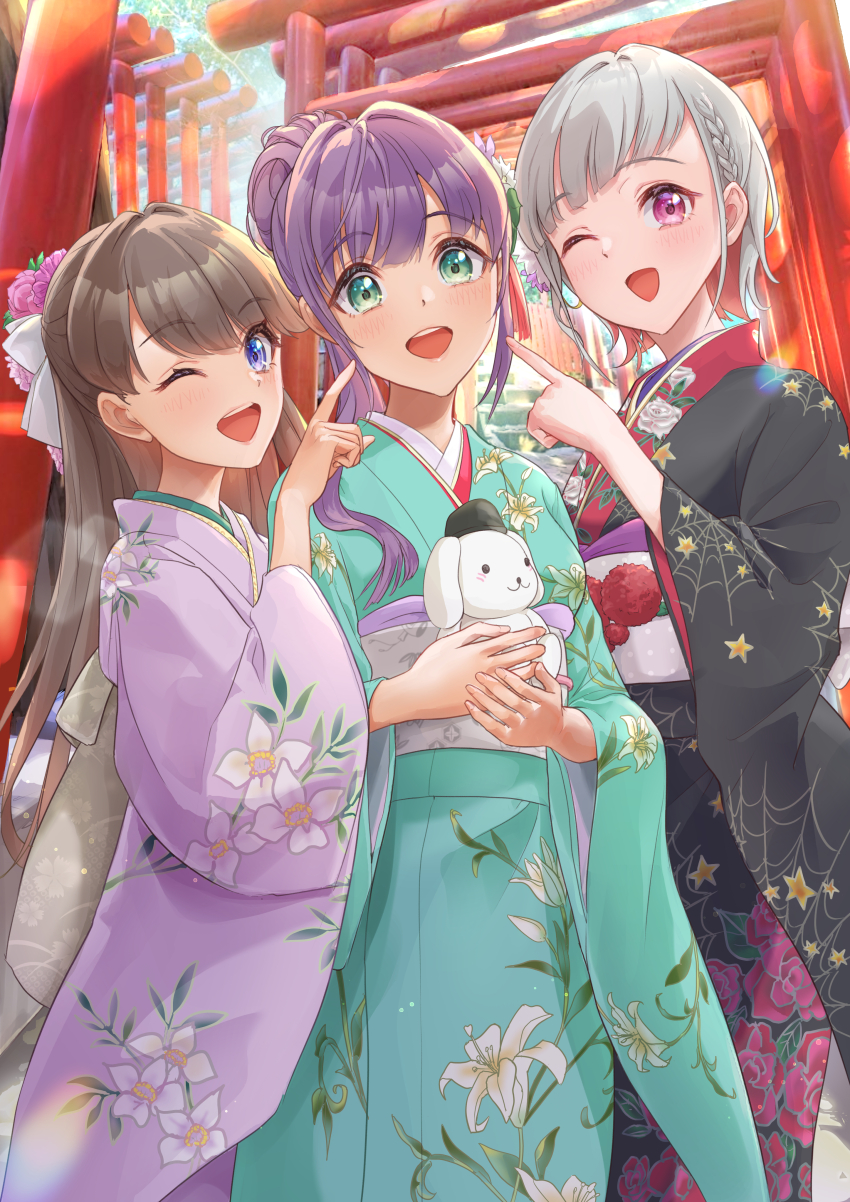 3girls :d ;d absurdres black_hat black_kimono bob_cut braid brown_hair colored_inner_hair commentary diagonal_bangs floral_print floral_print_kimono flower fujishima_megumi green_eyes green_kimono grey_hair grey_sash hair_flower hair_intakes hair_ornament half_updo hasu_no_sora_karuta_(love_live!) hat highres holding holding_stuffed_toy inverted_bob japanese_clothes kimono kobassy lily_print link!_like!_love_live! long_hair long_sleeves looking_at_viewer love_live! multicolored_hair multiple_girls multiple_torii new_year obi obiage obijime official_alternate_costume official_alternate_hairstyle one_eye_closed open_mouth otomune_kozue pink_eyes pink_flower pointing pointing_at_another print_kimono purple_eyes purple_hair purple_kimono red_hair red_kimono sash short_hair side_braid side_ponytail sidelocks smile spider_web_print star_(symbol) star_print streaked_hair stuffed_animal stuffed_dog stuffed_toy tassel tassel_hair_ornament teeth torii two-tone_kimono upper_teeth_only virtual_youtuber white_flower wide_sleeves yugiri_tsuzuri