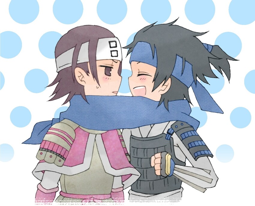 2boys :d amago_haruhisa_(sengoku_basara) armor blue_headband blue_scarf blush brown_eyes brown_hair chun_(76pero) clenched_hand forehead_protector grey_hair headband japanese_armor looking_at_another male_focus multiple_boys open_mouth polka_dot polka_dot_background scarf sengoku_basara shared_clothes shared_scarf smile sweatdrop upper_body utsunomiya_hirotsuna_(sengoku_basara) yaoi