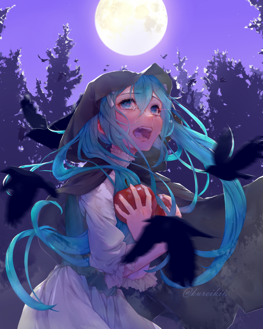 1girl apple aqua_eyes aqua_hair artist_name bird black_bird cloak collar crying crying_with_eyes_open despair empty_eyes eve_moonlit evillious_nendaiki eyelashes fangs female_focus food forest frilled_collar frilled_sleeves frills fruit full_moon glowing glowing_eyes hair_ribbon highres holding holding_food holding_fruit hood hooded_cloak kureihii messy_hair moon moonlit_bear_(vocaloid) motion_blur nature night night_sky open_mouth red_eyes ribbon scared signature silhouette sky solo tears tree twintails vocaloid white_ribbon