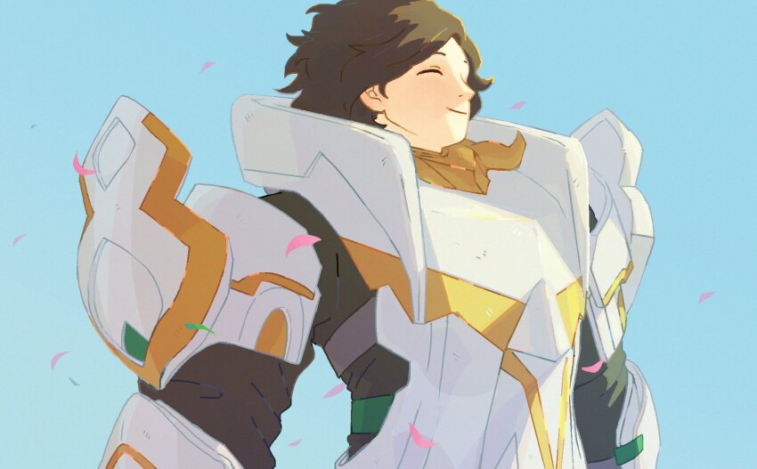 1boy armor black_hair black_shirt closed_eyes falling_petals fire_emblem fire_emblem_engage gold_trim highres looking_to_the_side louis_(fire_emblem) male_focus muni33645387063 nintendo petals shirt white_armor
