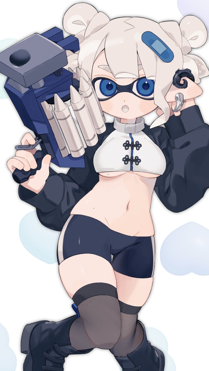 1girl :o bike_shorts black_boots black_shorts black_thighhighs blue_eyes boots breasts clash_blaster_(splatoon) commentary crop_top cropped_jacket dot_nose extreme_crop_top feet_out_of_frame highres inkling inkling_girl inkling_player_character large_breasts medium_hair nintendo pointy_ears sabata_saba shorts sidelocks skindentation sleeves_past_wrists solo splatoon_(series) splatoon_3 tentacle_hair thighhighs two_side_up underboob white_hair