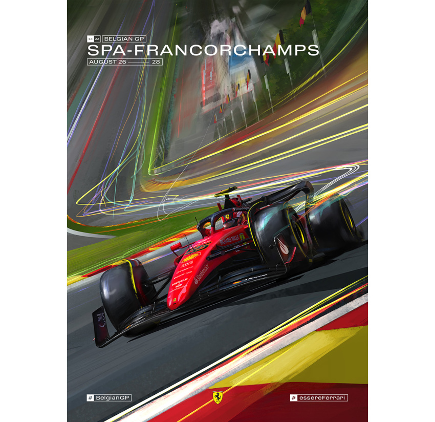 1boy alberto_dal_lago belgian_flag belgium car carlos_sainz circuit_de_spa-francorchamps commentary english_commentary ferrari formula_one formula_racer helmet motor_vehicle official_art pillarboxed race_vehicle racecar racetrack real_life real_world_location shell_(company) spoiler_(automobile) vehicle_focus