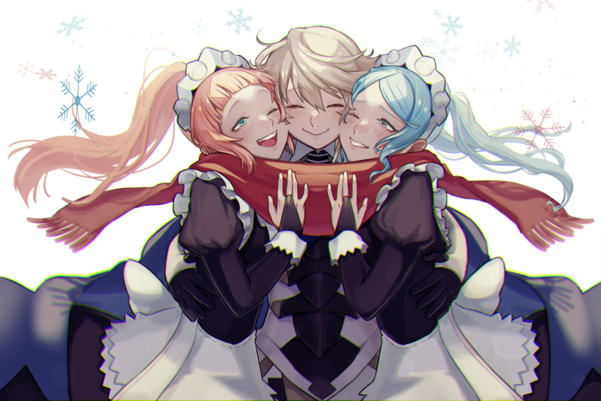 blonde_hair blue_eyes blue_hair cape commission commissioner_upload male_corrin_(fire_emblem) felicia_(fire_emblem) fire_emblem fire_emblem_fates flora_(fire_emblem) grey_eyes group_hug hand_on_another&#039;s_chest happy highres hug maid maid_headdress misokatsuhaumai nintendo pink_hair ponytail red_scarf scarf shared_clothes shared_scarf snowflakes twintails