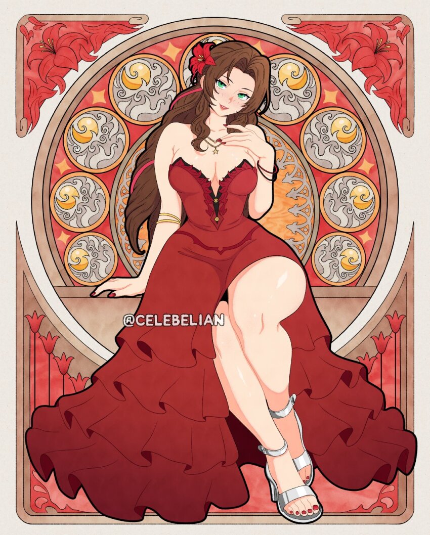 1girl aerith_gainsborough art_nouveau bare_shoulders breasts brown_hair celebelian cleavage dress final_fantasy final_fantasy_vii full_body green_eyes highres large_breasts long_hair red_background sitting solo strapless strapless_dress twitter_username