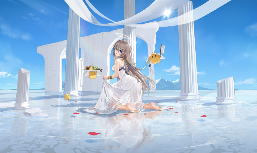 1girl absurdres azur_lane banxuan_c2ka bare_back bare_shoulders barefoot blue_eyes blush bracer breasts choker column dress feet food fortune_(azur_lane) fortune_(seraphic_sunshine)_(azur_lane) from_behind fruit grapes grey_hair hair_between_eyes hair_brush hair_ornament hairclip halo highres kneeling large_breasts looking_at_viewer looking_back manjuu_(azur_lane) non-web_source official_alternate_costume official_art open_mouth petals petals_on_liquid pillar revision see-through_clothes sidelocks skirt_hold soles toes transparent_background water wet wet_clothes white_dress wide_shot