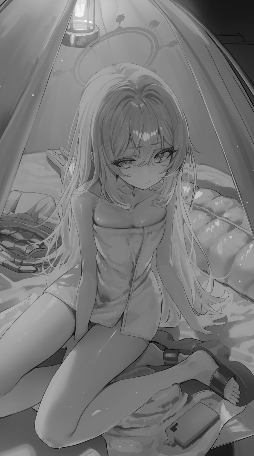 1girl absurdres animal_ear_hairband animal_ears bare_shoulders blue_archive breasts cellphone cleavage collarbone double-parted_bangs fake_animal_ears greyscale hair_between_eyes hairband highres kerno light_particles looking_at_viewer miyako_(blue_archive) monochrome naked_towel phone platform_sandals rabbit_ear_hairband rabbit_ears sandals sitting skirt small_breasts smartphone solo tent toes towel unworn_hairband unworn_skirt yokozuwari