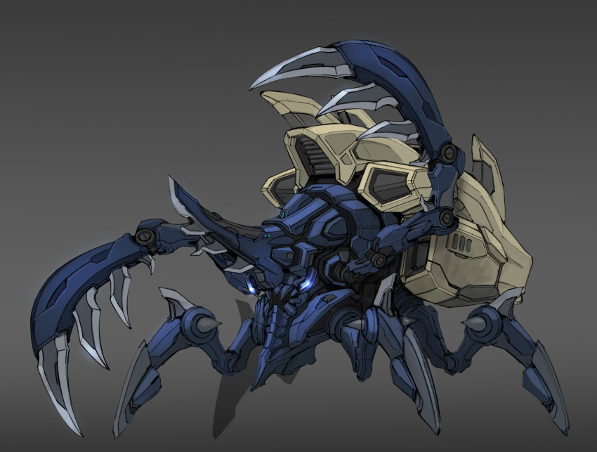 absurdres armor blue_eyes claws commentary crab english_commentary glowing glowing_eyes grey_background hermit_crab highres horns looking_ahead mecha mecha_focus mechanization monster_hunter_(series) pure_boy robot science_fiction shell shogun_ceanataur single_horn weapon