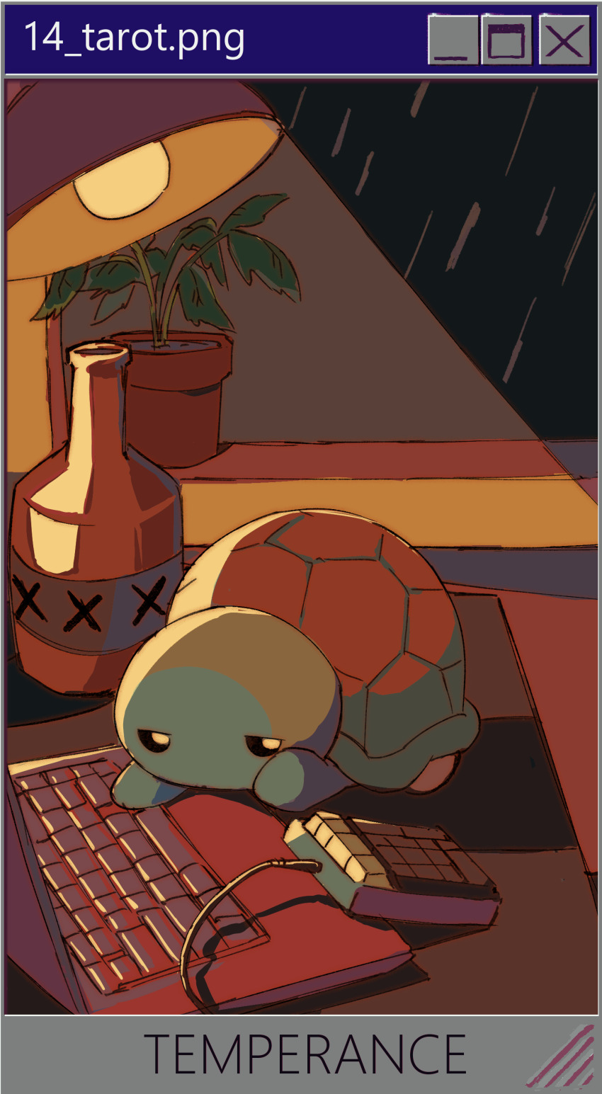 absurdres bottle card_(medium) computer computer_mouse highres indie_virtual_youtuber lamp laptop mat microsoft_windows no_humans non-web_source pasharuu plant potted_plant rain rum table tarot tarot_(medium) temperance_(tarot) turtle vedal987 virtual_youtuber window window_(computing) windows_95 windows_classic