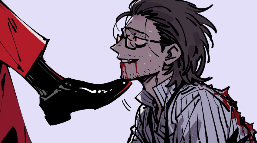 2boys beard_stubble black_shoes blood blood_on_back blood_on_clothes blood_on_face brown_hair collared_shirt facial_hair fang foot_on_another&#039;s_face glasses gregor_(project_moon) guizhenc hair_slicked_back head_lift highres la_manchaland_(identity)_(project_moon) limbus_company male_focus messy_hair meursault_(project_moon) multiple_boys on_ground open_mouth pants pink_background project_moon red-tinted_eyewear red_pants shirt shoes striped_clothes striped_shirt stubble thumb_(identity)_(project_moon) tinted_eyewear torn_clothes upper_body white_shirt