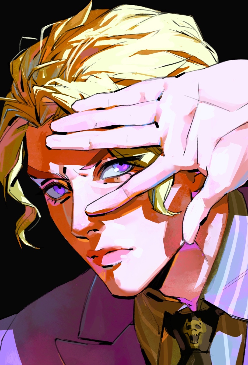 1boy arm_up black_background blonde_hair closed_mouth collared_shirt commentary diamond_wa_kudakenai english_commentary eyelashes haddockkkk highres jacket jojo_no_kimyou_na_bouken kira_yoshikage lapels looking_to_the_side male_focus necktie notched_lapels pink_jacket purple_eyes shading_eyes shirt short_hair sideways_glance simple_background solo suit_jacket upper_body wavy_hair wing_collar yellow_shirt