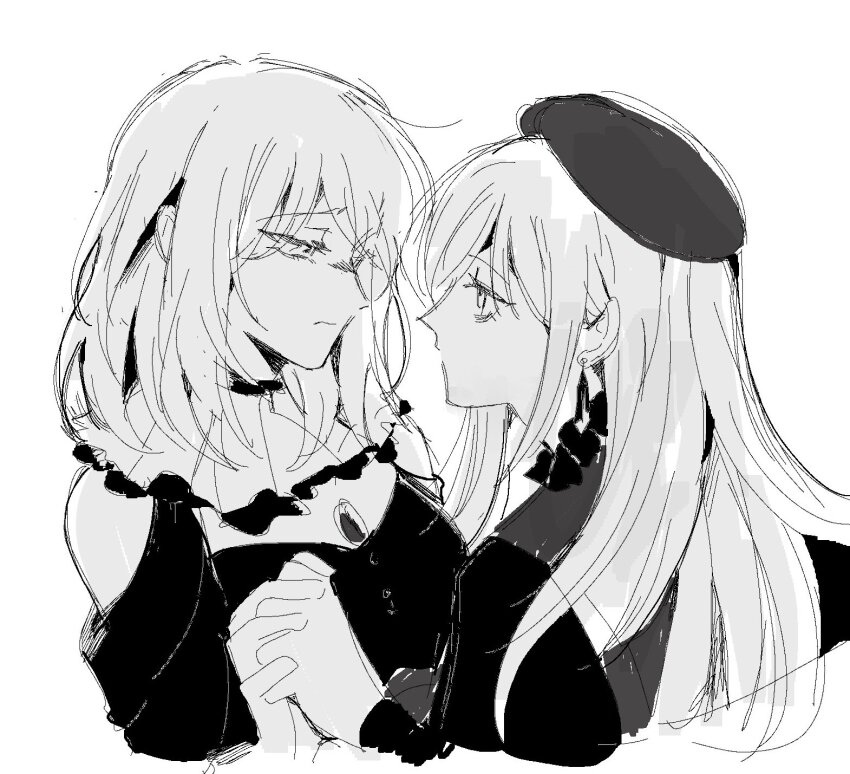 2girls bang_dream! bang_dream!_it&#039;s_mygo!!!!! beret closed_mouth clothing_cutout doloris_(bang_dream!) earrings eye_contact greyscale hat highres holding_hands interlocked_fingers jewelry long_hair long_sleeves looking_at_another maybecrosswise medium_hair misumi_uika monochrome mortis_(bang_dream!) mortis_(costume)_(bang_dream!) multiple_girls shoulder_cutout sidelocks upper_body wakaba_mutsumi yuri