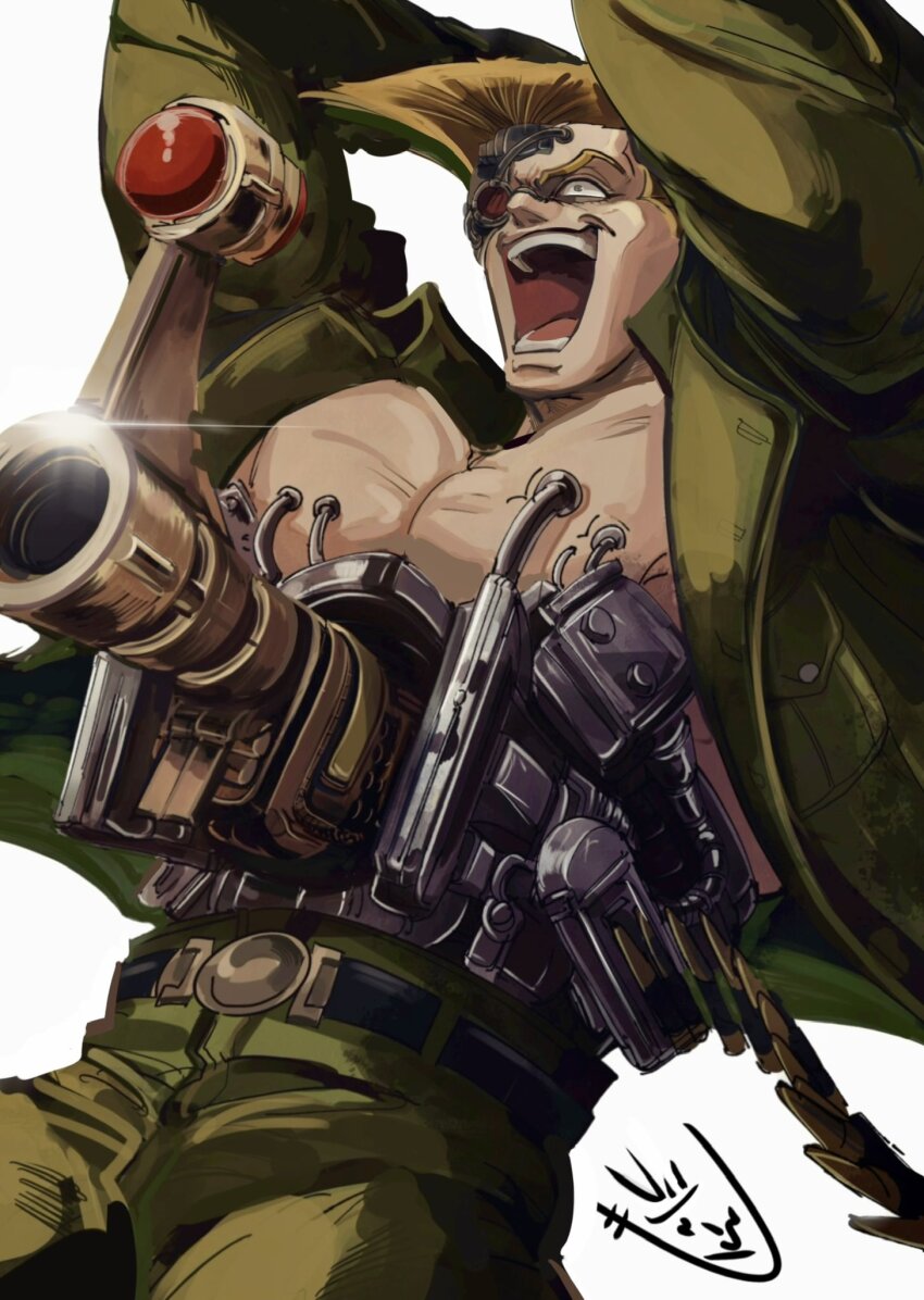 1boy arms_up artificial_eye battle_tendency belt cyborg green_jacket green_pants gun highres jacket jojo_no_kimyou_na_bouken laughing male_focus mechanical_eye mechanical_parts military military_uniform mmy_816 muscular muscular_male open_clothes open_jacket open_mouth pants pectorals rudolph_von_stroheim short_hair signature smile solo weapon white_background