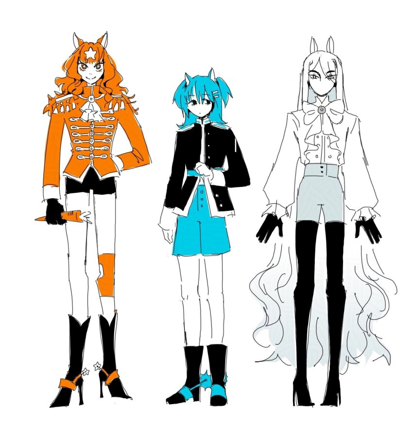 3girls aiguillette animal_ears belt black_coat black_gloves black_pants blue_belt boots carrot closed_mouth coat cyan_(horse_race_tests) full_body gloves hair_ornament hairclip high-waist_pants high_collar high_heel_boots high_heels highres holding holding_carrot horse_ears horse_girl horse_race_tests jovial_merryment knee_pads long_hair long_sleeves looking_at_viewer looking_to_the_side medium_hair military_uniform multiple_girls no_mouth orange_coat orange_eyes orange_hair pants shoulder_pads side_ponytail simple_background smile spurs standing star_(symbol) star_hair_ornament star_in_eye superstitional_realism symbol_in_eye white_background white_coat white_pants white_sleeve_cuffs