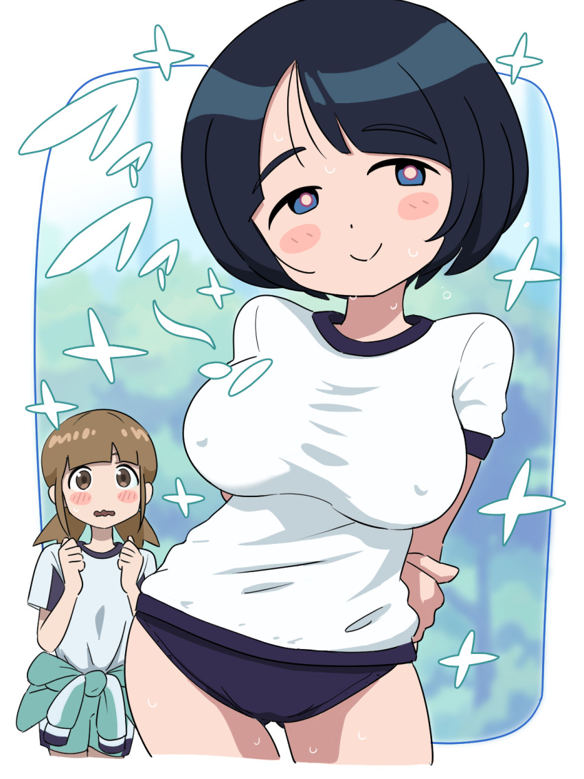 2girls arms_behind_back black_hair blue_buruma blush_stickers breasts brown_hair buruma commentary_request covered_erect_nipples cropped_legs gundam gundam_gquuuuuux gym highres ketsumoa large_breasts mature_female multiple_girls shiiko_sugai shirt short_hair smile sportswear standing sweat white_shirt