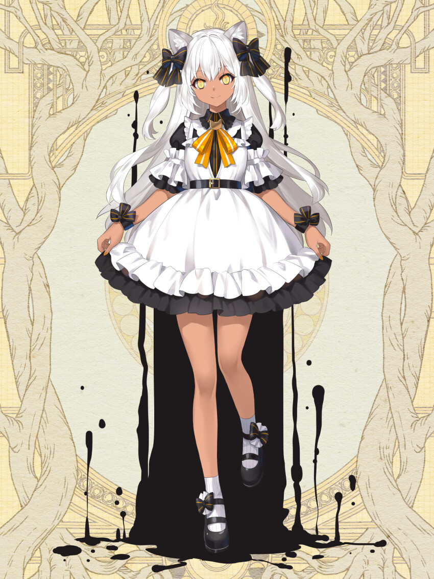 1girl animal_ears black_bow black_dress black_shoes bow cat_ears dairoku_ryouhei dark-skinned_female dark_skin dress ena_(tommy_walker) footwear_bow full_body hair_bow highres leonie_bianco long_hair mary_janes ooze orange_ribbon ribbon shoes slit_pupils smile socks solo standing two-tone_dress very_long_hair white_dress white_hair white_socks wrist_bow yellow_background yellow_eyes
