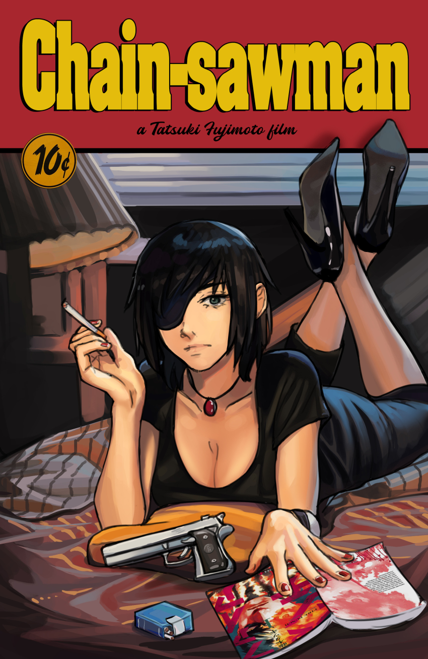 1girl absurdres bed black_dress black_hair breasts chainsaw_man cigarette cleavage dress english_text eyepatch fire_punch firex gun handgun high_heels highres himeno_(chainsaw_man) holding holding_cigarette jewelry lamp large_breasts legs_up lying manga_(object) medium_breasts necklace on_stomach parody pulp_fiction short_hair solo weapon