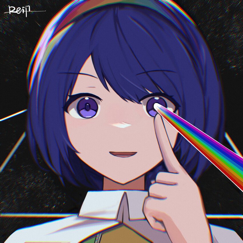 1girl album_cover_redraw black_background blue_hair commentary dark_side_of_the_moon derivative_work english_commentary highres index_finger_raised looking_at_viewer open_mouth pink_floyd portrait purple_eyes rainbow rainbow_gradient reiji_(zero) short_hair smile solo tenkyuu_chimata touhou