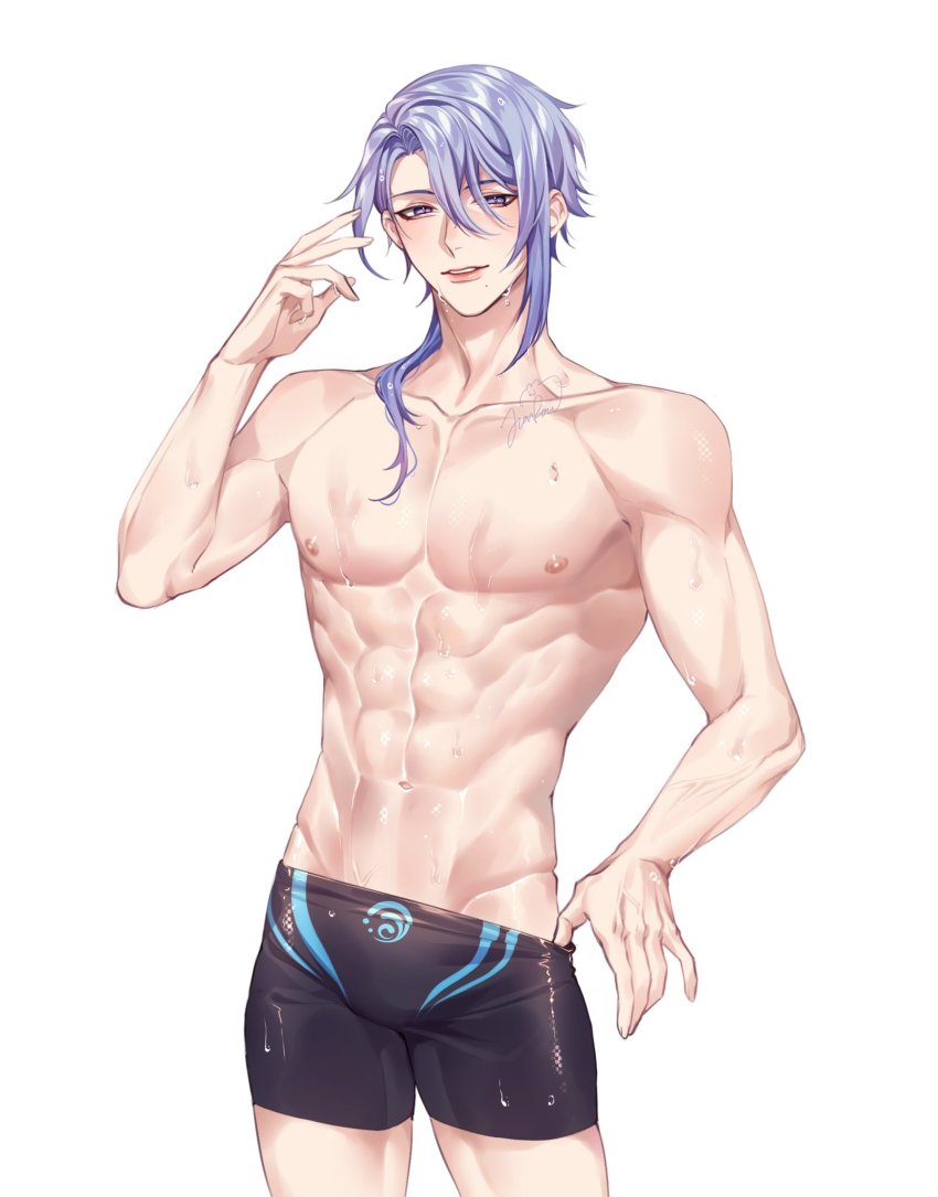 1boy abs black_jammers black_male_swimwear blue_hair cowboy_shot genshin_impact highres jammers jammers_pull kamisato_ayato looking_at_viewer male_focus male_swimwear male_swimwear_pull mole multicolored_hair muscular muscular_male navel nipples pulling_own_clothes purple_eyes rourouki short_hair simple_background stomach swimsuit topless_male white_background