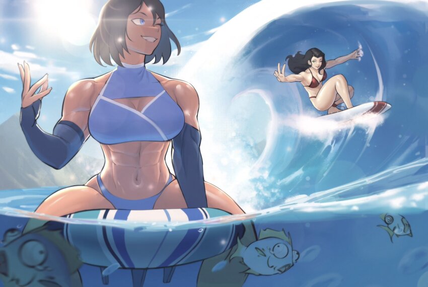 2girls asami_sato avatar_legends beach bikini black_hair blue_bikini brown_hair dark-skinned_female dark_skin elbow_gloves female fingerless_gloves fish gloves highres korra lens_flare multiple_girls partially_underwater_shot red_bikini short_hair sun sunlight surfboard surfing swimsuit the_legend_of_korra water wet zukululuu