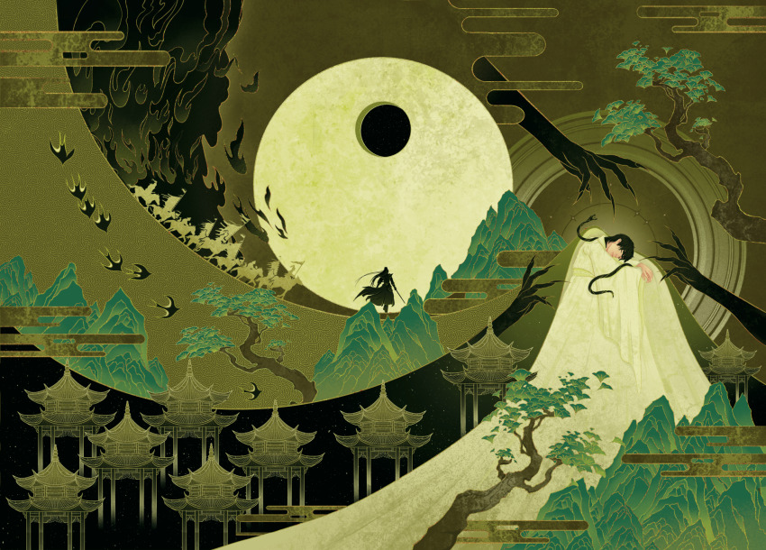 2boys architecture bird black_bird black_fire black_hair black_scales black_skin character_request chinese_clothes cloud colored_skin commentary copyright_request cover cover_page disembodied_hand east_asian_architecture english_commentary fantasy fire flag full_moon ginkgo_tree green_background green_clouds green_theme halo hanfu head_on_arm highres horse horseback_riding huaepiphany knees_up long_hair long_sleeves moon mountain multiple_boys night night_sky outdoors people riding scenery short_hair silhouette sitting sky snake solo star_(sky) starry_sky swallow_(bird) tree very_long_cape white_hanfu wide_shot wide_sleeves