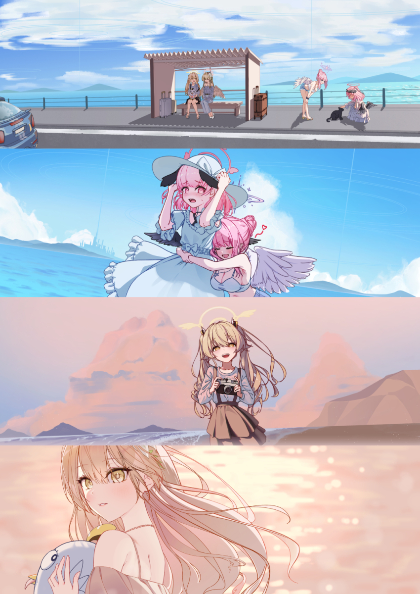 4girls alternate_costume alternate_hairstyle angel_wings beach bird_kim black_cat black_wings blonde_hair blue_archive blue_sky brown_skirt bus_stop car cat cloud commentary denim denim_shorts dress embarrassed english_commentary feathered_wings hat heart hifumi_(blue_archive) highres koharu_(blue_archive) looking_at_another mika_(blue_archive) motor_vehicle mountainous_horizon multiple_girls nagisa_(blue_archive) ocean open_mouth outdoors peroro_(blue_archive) pink_eyes pink_hair road sand sandals shirt shorts skirt sky smile sun_hat sundress suspender_skirt suspenders twintails water white_dress white_hat white_shirt white_wings wings yellow_eyes