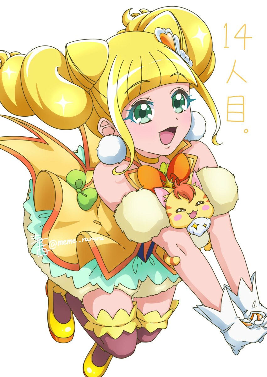 1girl 1other brown_thighhighs bubble_skirt choker cone_hair_bun cure_sparkle earrings green_eyes hair_bun hair_ornament healin&#039;_good_precure healing_animal heart heart_hair_ornament highres hiramitsu_hinata jewelry looking_at_viewer magical_girl meme_rururu nyatoran_(precure) open_mouth pom_pom_(clothes) pom_pom_earrings precure skirt thighhighs vest yellow_choker yellow_vest