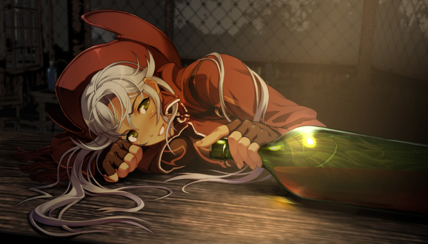 1girl alcohol blue_hair bottle cowboy cowboy_hat cowboy_western drunk female_focus fingerless_gloves fingernails franco_il_nero game_cg gloves green_eyes hat highres lips long_hair looking_at_viewer nishii_(damnedrive) nitroplus smile solo western wine zoku_satsuriku_no_django