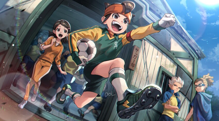 1girl 4boys aqua_hair armband blue_shorts brown_eyes brown_hair clenched_hand dolustoy endou_mamoru gloves goalkeeper goggles gouenji_shuuya green_footwear green_shorts hair_ornament hairclip headband highres inazuma_eleven inazuma_eleven_(series) kazemaru_ichirouta kidou_yuuto kino_aki kneehighs long_hair male_focus multiple_boys open_mouth orange_headband orange_pants orange_track_suit pants raimon raimon_soccer_uniform raised_fist red_armband shorts soccer_uniform socks sportswear track_pants track_suit white_hair white_socks