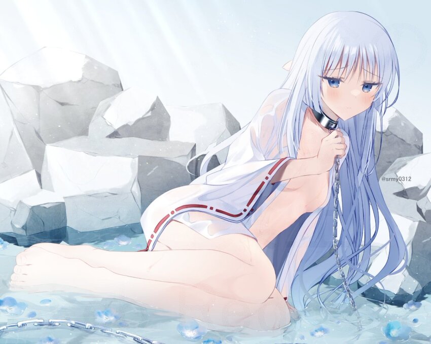 1girl aiyan backlighting barefoot blue_eyes blue_flower blush breasts breasts_apart chain chain_leash closed_mouth commentary_request commission convenient_arm day flower flower_on_liquid frown full_body hand_up holding holding_chain japanese_clothes kimono leash long_hair long_sleeves medium_breasts miko naked_kimono naruse_shiroha open_clothes open_kimono outdoors ribbon-trimmed_sleeves ribbon_trim rock see-through_clothes see-through_kimono sitting skeb_commission solo summer_pockets sunlight twitter_username very_long_hair water wet_kimono white_hair white_kimono wide_sleeves yokozuwari