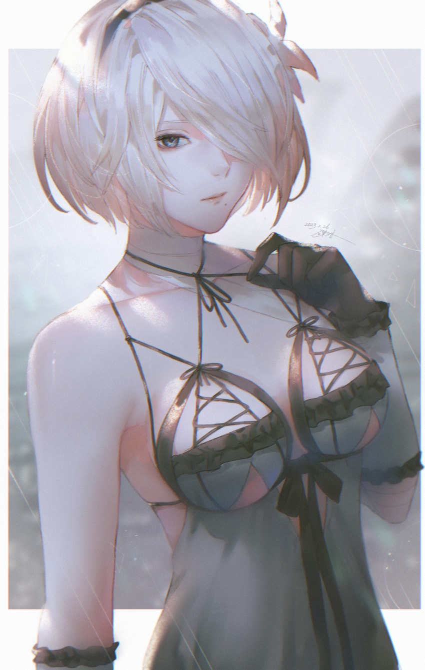 1girl 2b_(nier:automata) bandaged_neck bandages bare_shoulders black_gloves black_hairband blue_eyes blue_negligee breasts closed_mouth collarbone cosplay flower gloves hair_flower hair_ornament hair_over_one_eye hairband highres kaine_(nier) kaine_(nier)_(cosplay) lingerie looking_at_viewer medium_breasts mole mole_under_mouth negligee nier:automata nier_(series) solo underwear white_flower white_hair yct_(yoct_o)