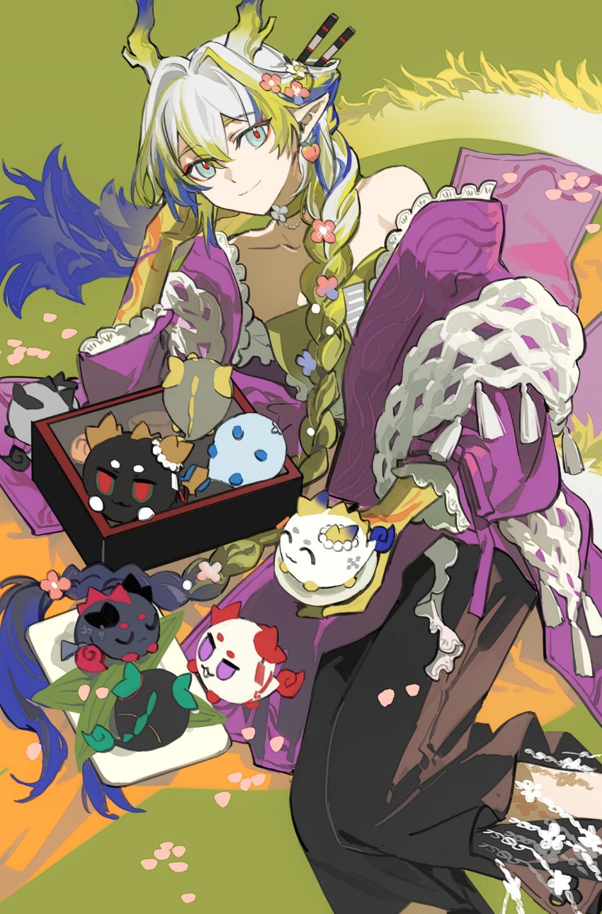 1girl absurdres antlers arknights bare_shoulders black_pants blue_flower blue_hair braid chinese_commentary chongyue_(arknights) closed_mouth collarbone commentary_request dragon_bubble_(arknights) dragon_girl dragon_horns dragon_tail dusk_(arknights) feet_out_of_frame flower flower_braid gradient_hair green_hair green_shirt grey_eyes grey_hair hair_flower hair_ornament hair_over_shoulder highres holding horns jacket ji_(arknights) ling_(arknights) long_hair long_sleeves looking_at_viewer multicolored_hair nian_(arknights) off_shoulder official_alternate_costume open_clothes open_jacket pants pink_flower pointy_ears puffy_long_sleeves puffy_sleeves purple_jacket shirt shu_(arknights) shu_(spring_feast)_(arknights) single_braid smile strapless strapless_shirt streaked_hair tail very_long_hair wang_(arknights) yanfenguo_gao yu_(arknights)